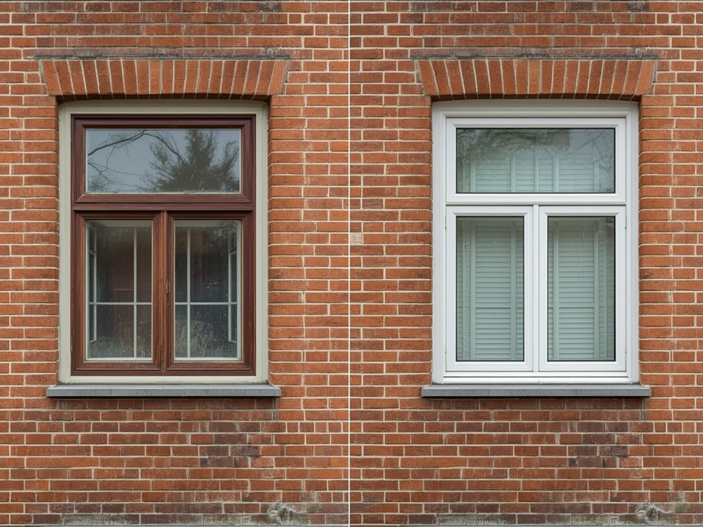 Gedeelde compositie met oud houten raam links en nieuw wit kunststof kozijn rechts.