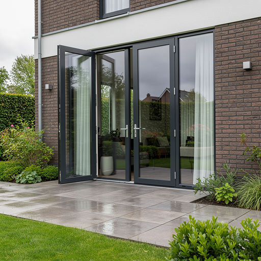 Achtertuin met antraciet openslaande kunststof deuren open naar terras.