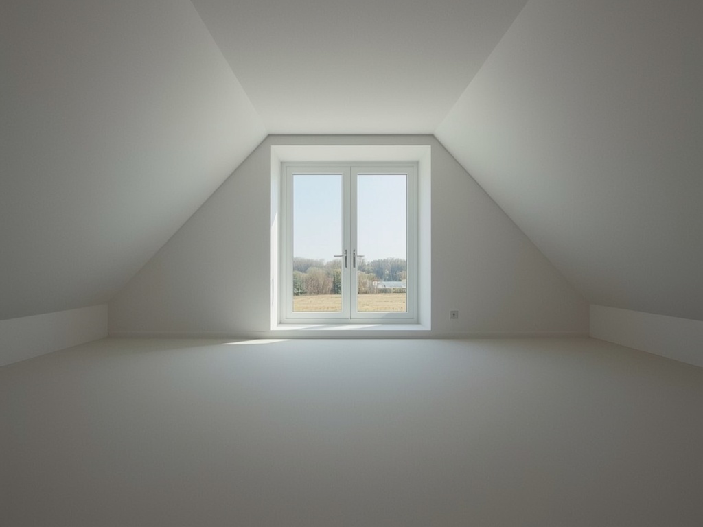 Open wit kunststof dakraam in lichte zolderruimte met Scandinavische inrichting.