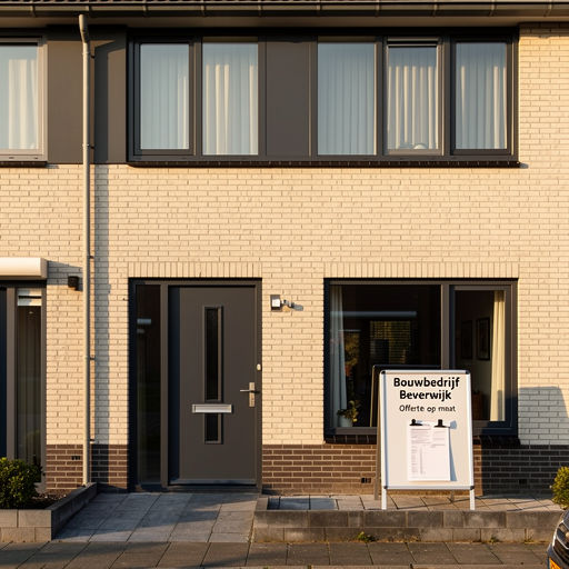 Vooraanzicht van een rijtjeshuis in Beverwijk met antraciete kunststof kozijnen en een offertebordje.